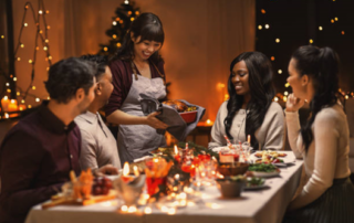 A group of friends gathers for a holiday dinner.